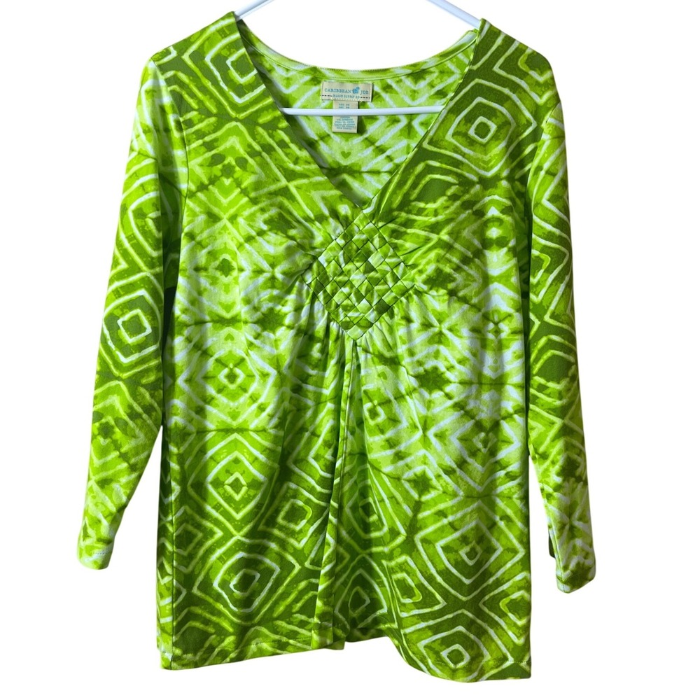 Caribbean Joe Lime Green Tie Dye V-Neck Top M Boho Resort Geometric 3/4 Sleeve‎